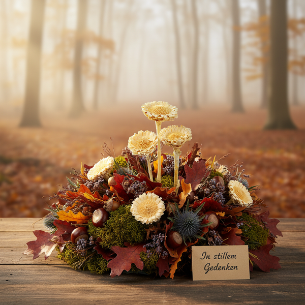 Herbstliches Grabgesteck auf einem Holztisch aus Moos, Trockenblumen, Eichenlaub und Kastanien, mit Karte In stillem Gedenken.