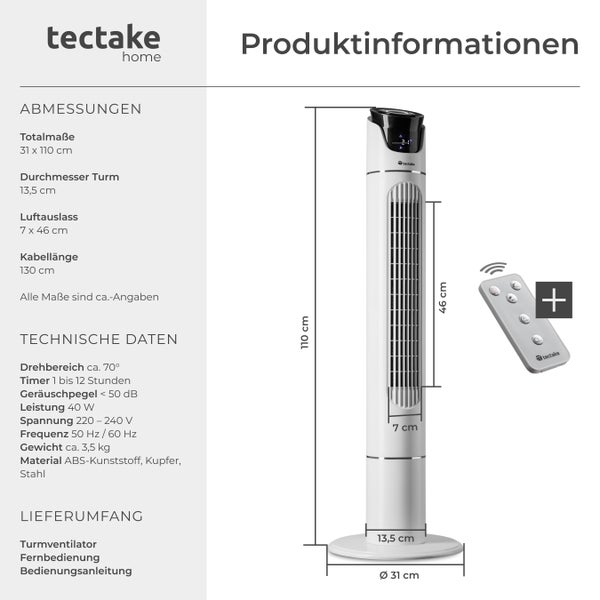 Turmventilator tectake  31 x 110 cm oszilierend weiß
