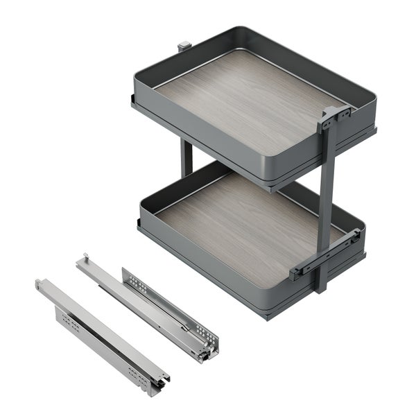 Zweistöckiger Schrankauszug mit Holzboden und Metallrahmen inklusive zwei Metallschienen.