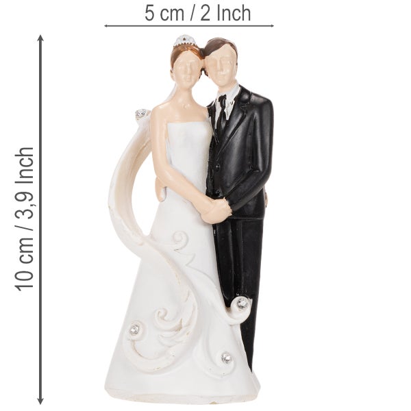 Brautpaar-Figur für Hochzeitstorten aus Polyresin in Weiß und Schwarz, Höhe 10 Zentimeter, Breite 5 Zentimeter.