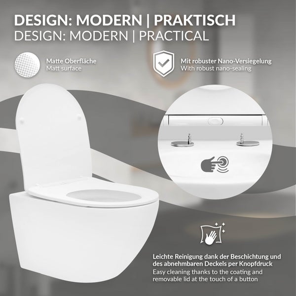 ECD Germany Spülrandloses Hänge WC Keramik Weiß matt mit Nano Beschichtung, Wand-WC lang 52 cm, Toilette mit WC-Sitz abnehmbar aus Duroplast Softclose Absenkautomatik, Tiefspüler-WC mit Lotus Effekt