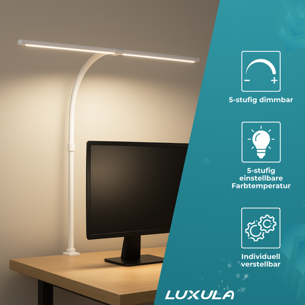 Weiße LUXULA LED-Schreibtischleuchte mit Klemme am Monitor, 5-stufig dimmbar, 5-stufige Farbtemperatur, individuell verstellbar.