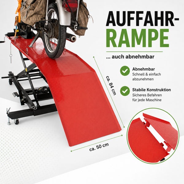 Motorradhebebühne mit abnehmbarer Auffahrrampe, Maße circa 84 mal 50 Zentimeter, stabile Konstruktion für sicheres Befahren.