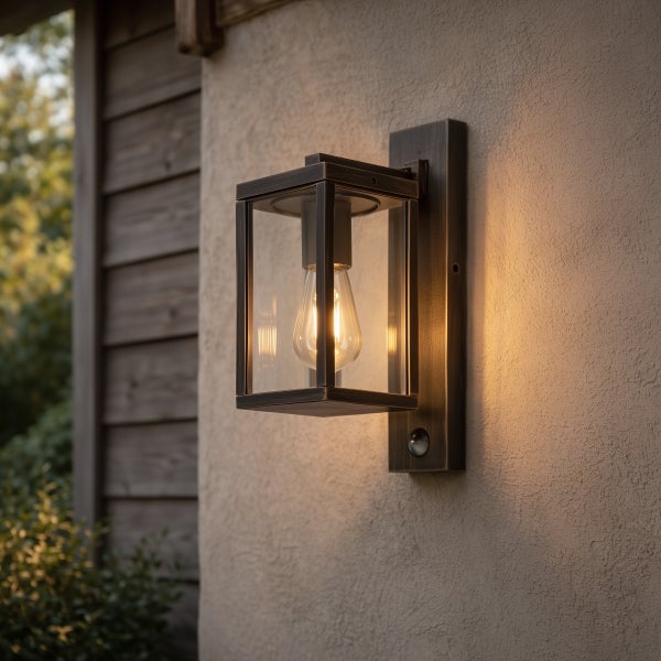 Rechteckige Außenwandleuchte mit Bewegungsmelder und Glaseinsätzen, montiert an einer Hauswand, inklusive Filament LED Leuchtmittel.