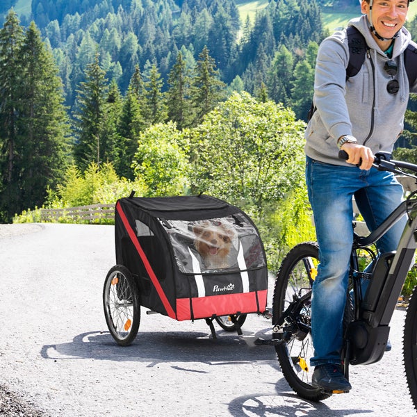 PawHut Fahrradanhänger, 145L x 80B x 87H cm, Metall, Oxford-Gewebe, Schwarz+Rot