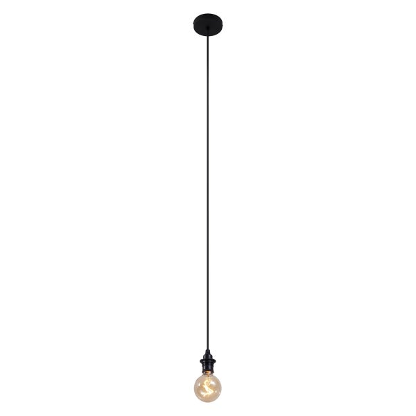 Schwarze minimalistische Pendelleuchte mit langem Kabel und dekorativem Filament-Leuchtmittel.