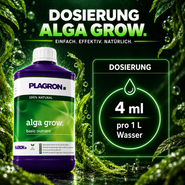 Plagron Alga Grow Basisnährstoff für die Wachstumsphase mit Dosierungsanleitung von 4 Milliliter auf 1 Liter Wasser.