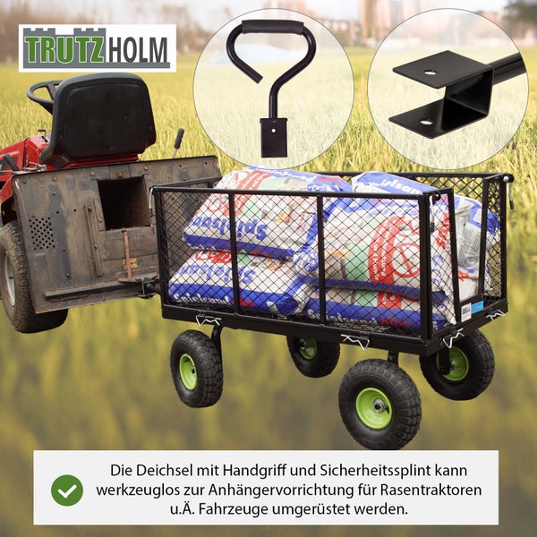 Trutzholm transport trailer attached to a lawn tractor, filled with sacks
