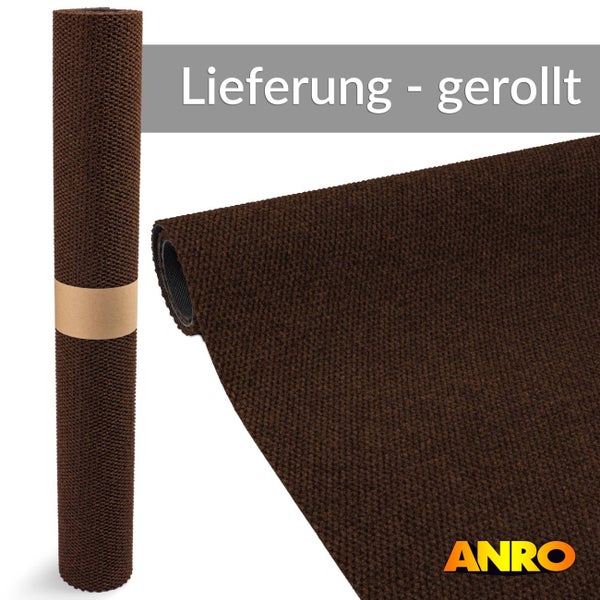Gerollte und flach liegende Schmutzfangmatte mit strukturierter Oberfläche. Lieferung erfolgt gerollt. ANRO Logo.