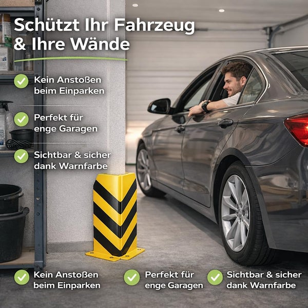 Ein Fahrzeug parkt in einer Garage neben einem Wandpfeiler mit einem gelb-schwarz gestreiften Kantenschutz zur Sicherheit beim Einparken.