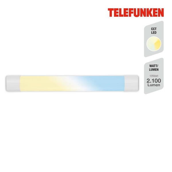 Telefunken Logo, LED-Lichtleiste mit einstellbarer Farbtemperatur, 18 Watt, 2100 Lumen, Verlauf von warmweißem bis tageslichtweißem Licht.