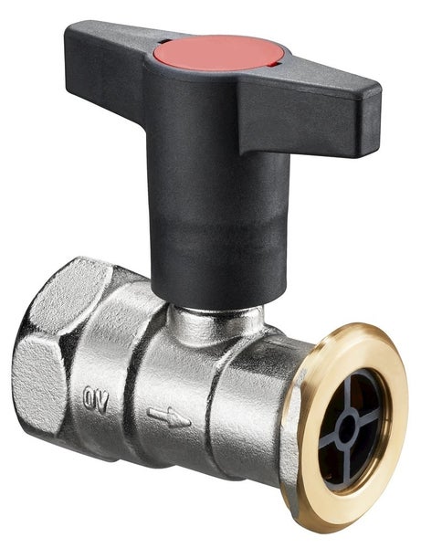 Kugelhahn aus Metall mit schwarzem Flügelgriff, roter Abdeckung und Innengewinde.