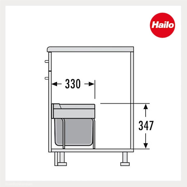 Technische Zeichnung eines Hailo Einbaumülleimers im Küchenschrank mit Maßen 330 Millimeter und 347 Millimeter. Hailo Logo.