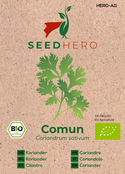 SEEDHERO Logo, Koriandersamen Comun Coriandrum sativum mit Illustration von Korianderblättern, Bio-Siegel und Bio-Logo der Europäischen Union.