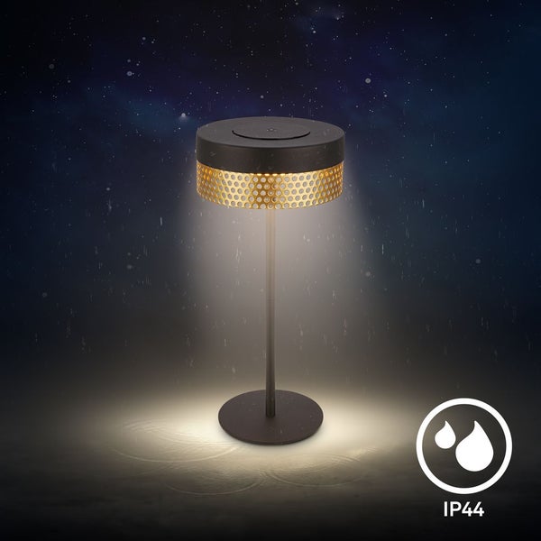 Briloner Booha LED Tischlampe kabellos IP44, Dimmbar, Touch, Akku, Spritzwasserschutz, Schwarz-Gold, Ø16 x 35 cm