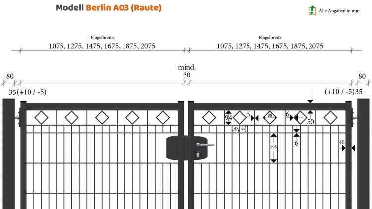 Modell Berlin A03 (Raute) mit Maßangaben