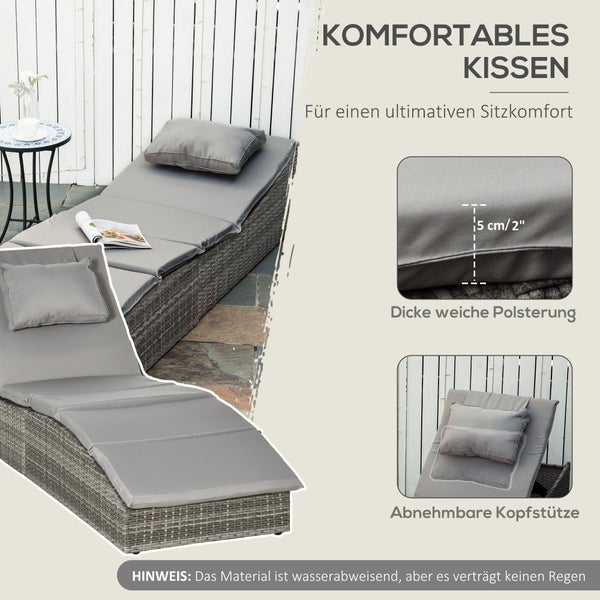 Outsunny Sonnenliege, 2-in-1 Polyrattan Gartenliege mit Polsterauflage, 5 Stufen verstellbar, klappbar,  200 x 60 x 40 cm, Stahl, PE Rattan, Polyester, Hellgrau