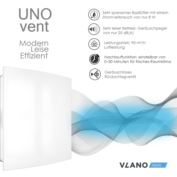 Uno Vent Badlüfter mit technischen Details und Vlano Vent Logo