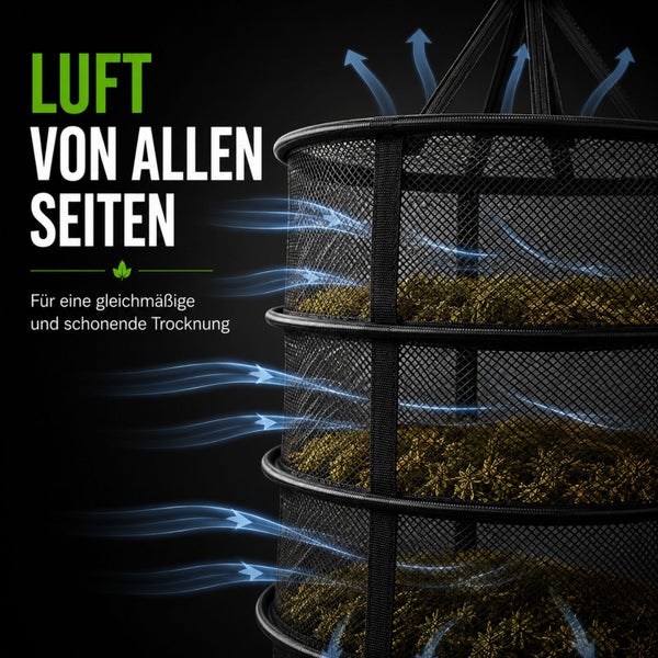 Mehrstöckiges Trockennetz für Pflanzen mit Luftzirkulation von allen Seiten für eine gleichmäßige und schonende Trocknung.