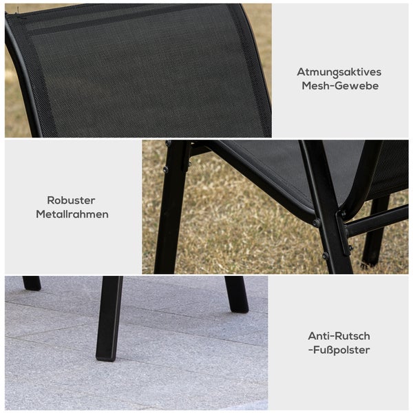 Outsunny 2er Set Gartenstuhl Stapelstuhl mit Armlehne Essstühle Garten Metall Mesh-Gewebe Schwarz 70 x 54 x 90 cm