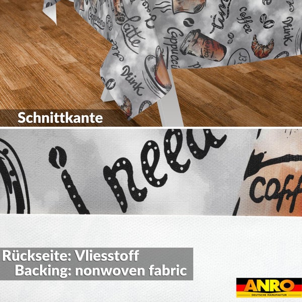 Wachstischdecke mit Kaffee-Motiven, Detail der Schnittkante und Rückseite aus Vliesstoff, ANRO Logo.