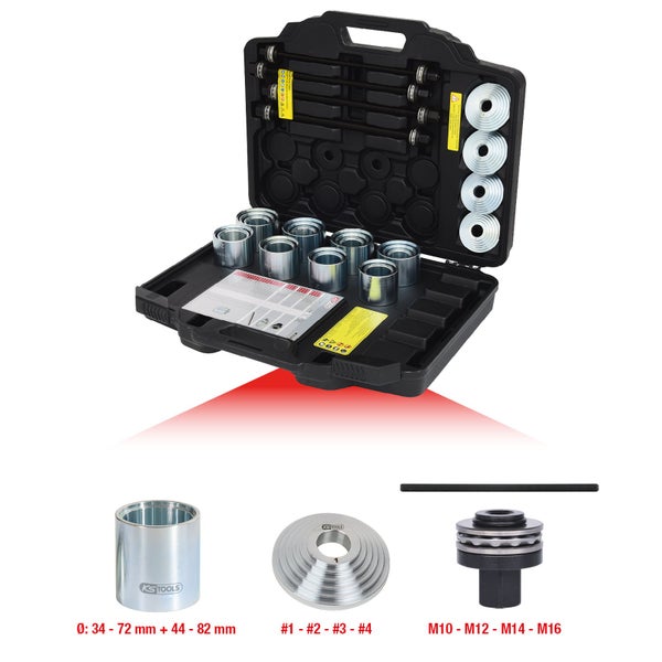 KS Tools Werkzeugsatz mit verschiedenen Buchsen, Scheiben und Schrauben in einem schwarzen Koffer