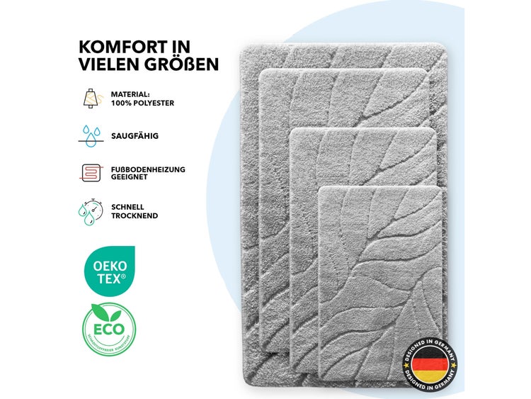 FLOORDIREKT Badematte Maris - Flauschiger Badvorleger mit Blattstruktur - Silber - 80 x 150 cm