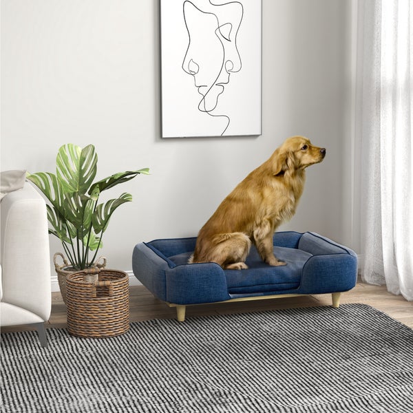 PawHut Hundesofa, Haustiersofa mit Kissen, Hundebett mit Erhöhtem Design, Katzensofa, Hundecouch, Hundesessel mit Holzbeine, Polyester, Dunkelblau, 96 x 66 x 24 cm