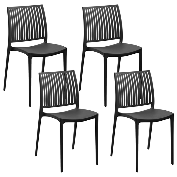 Set aus 4 schwarzen Gartenstühlen aus Kunststoff mit Lamellenrückenlehne.
