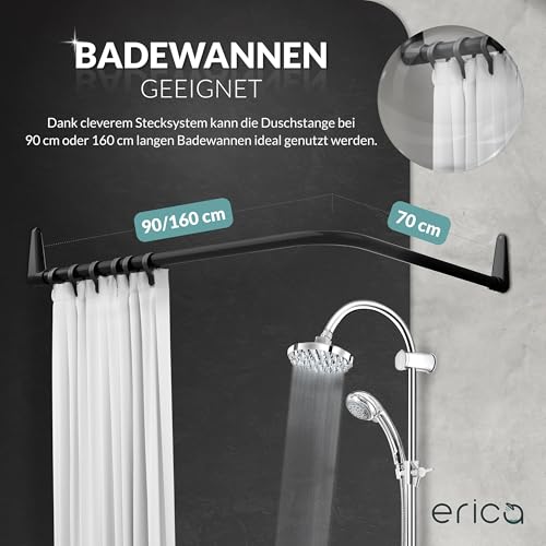Erica Duschstange 70x90, 90x140 oder 70x160 cm Duschvorhangstange Ecke für Badewannen geeignet, Winkelstange, Montage ohne Deckenstütze, Gebogene Stange, Schwarz Pulverbeschichteter Stahl