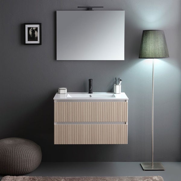80cm Badmöbel-Set, geriffelt, weiß und Goldeiche Ausführung | Bilbao