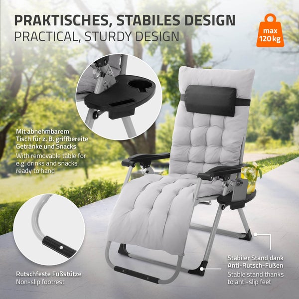Gepolsterte Liege mit Kopfkissen, Getränkehalter und einer maximalen Belastbarkeit von 120 Kilogramm.