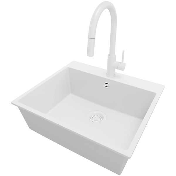 PRIMAGRAN Granitspüle Alles Weiß 58x50cm, Spülbecken 1 Becken + Küchenarmatur 40x20cm + Ablauf-Set, Küchenspüle ab 60er Unterschrank - Riga