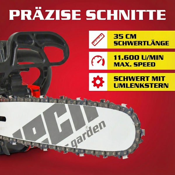 Details einer Kettensäge: 35 Zentimeter Schwertlänge, 11600 Umdrehungen pro Minute, Schwert mit Umlenkstern