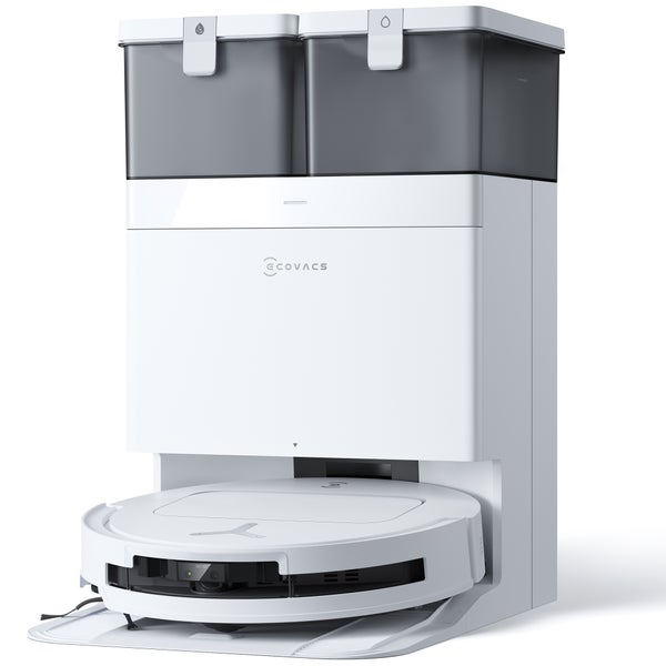 Ecovacs Logo auf einem Saugroboter mit Absaugstation