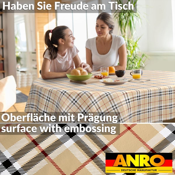 Frau und Kind an hellem Esstisch mit karierter Tischdecke. Detailansicht der geprägten Oberfläche. ANRO Logo.