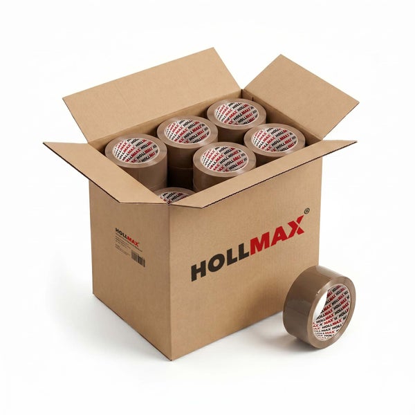Hollmax braunes Packband, mehrere Rollen in einem Versandkarton.