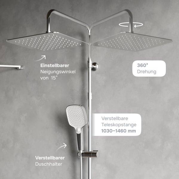 Duschsystem mit verstellbarer Teleskopstange, schwenkbarem Kopfbrausearm und verstellbarem Duschhalter.