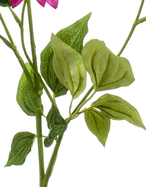 Künstlicher Pflanzenzweig mit grünen Blättern und lilafarbener Blüte.