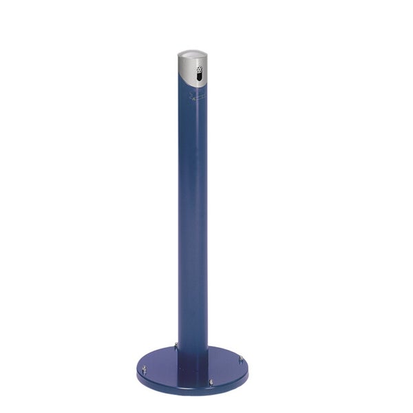 Standascher aus Metall in Blau mit rundem Standfuß und silberner Abdeckung.