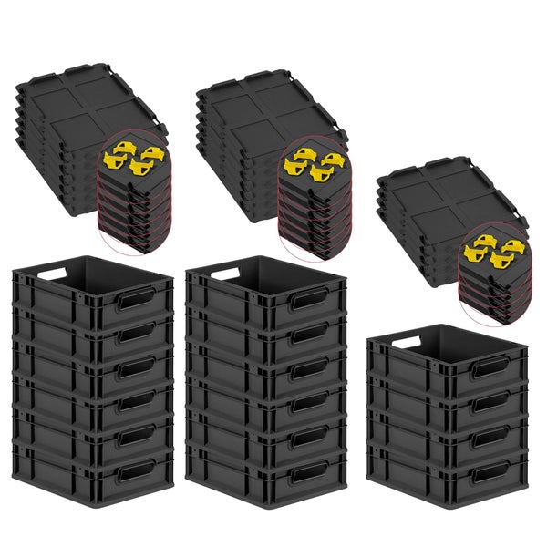 PROREGAL SuperSparSet 16x Eurobox NextGen Grip mit Auflagedeckel inkl. 4 gelben Schiebeschnappverschlüssen, HxBxT 12x30x40cm, 11 Liter, Schwarz, Griffe offen, Eurobehälter, Transportbox, Transportbehälter, Stapelbehälter