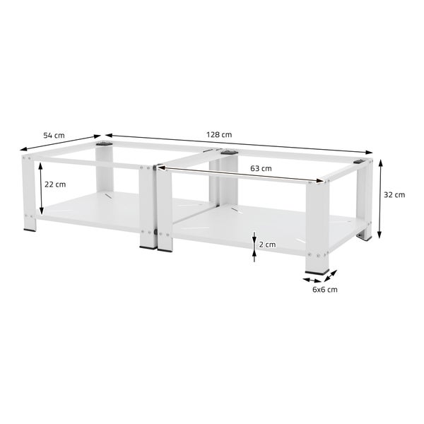 ML-Design Doppel Waschmaschinen Untergestell mit 2 Ablagen, Weiß, 128x54 cm, Stahl, 2x 150kg, Stabiler Waschmaschinensockel 2-Fach, 32cm hohes Podest, Erhöhung Unterbau Doppeluntergestell Doppelpodest