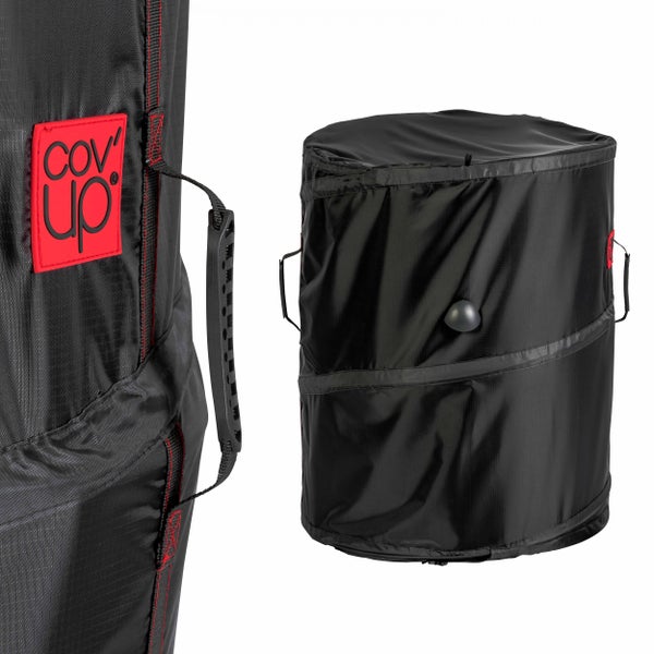 Schwarzer Pop-up-Gartensack aus robustem Material mit Tragegriffen und Cov Up Logo.