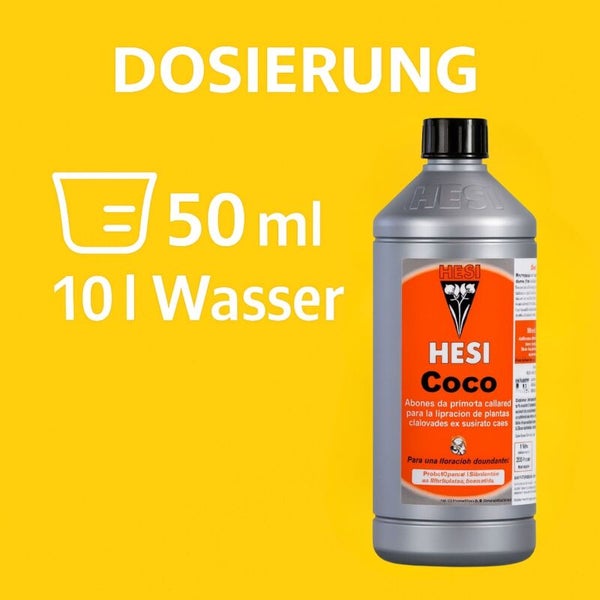 Dosierung für HESI Coco: 50 Milliliter auf 10 Liter Wasser.