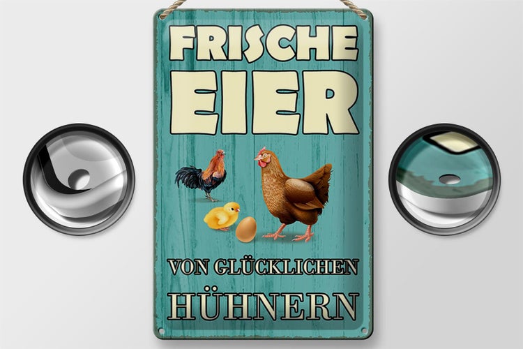 Blechschild Spruch 20x30cm frische Eier glückliche Hühner