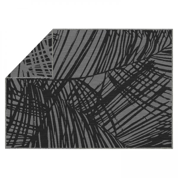 Flachgewebter Teppich mit Palmenblatt-Muster in Grau und Schwarz, wendbar, geeignet für Innen- und Außenbereiche.