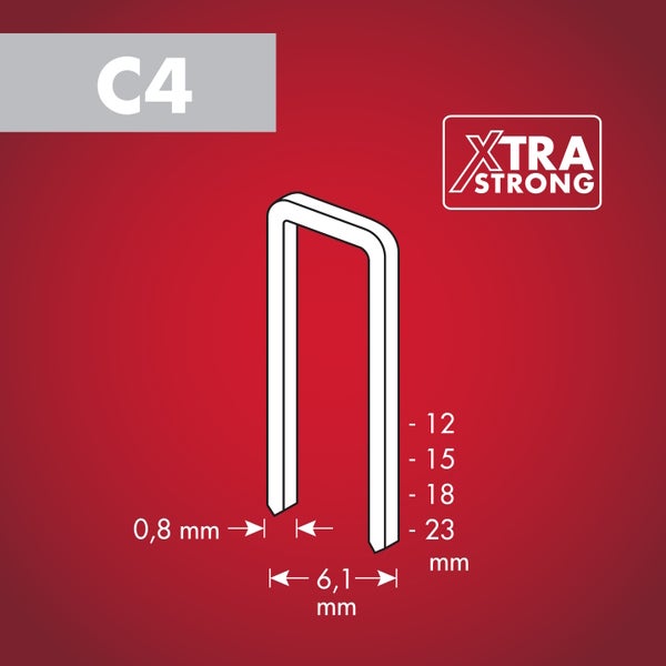 Drahtklammer Typ C4 extra stark mit einer Breite von 6,1 Millimeter, Drahtstärke 0,8 Millimeter und Längen von 12 bis 23 Millimeter.
