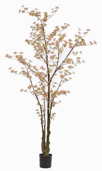 Künstlicher Ahornbaum im schwarzen Topf mit filigranen Blättern und verzweigten Ästen.