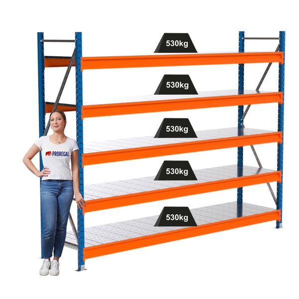 Lagerregal mit fünf Ebenen und einer maximalen Traglast von 530 Kilogramm pro Ebene, neben einer Frau