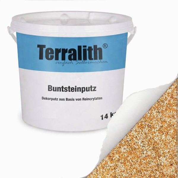 Terralith Buntsteinputz Dekorputz auf Reinacrylatbasis 14 Kilogramm mit Darstellung der beigen Körnung